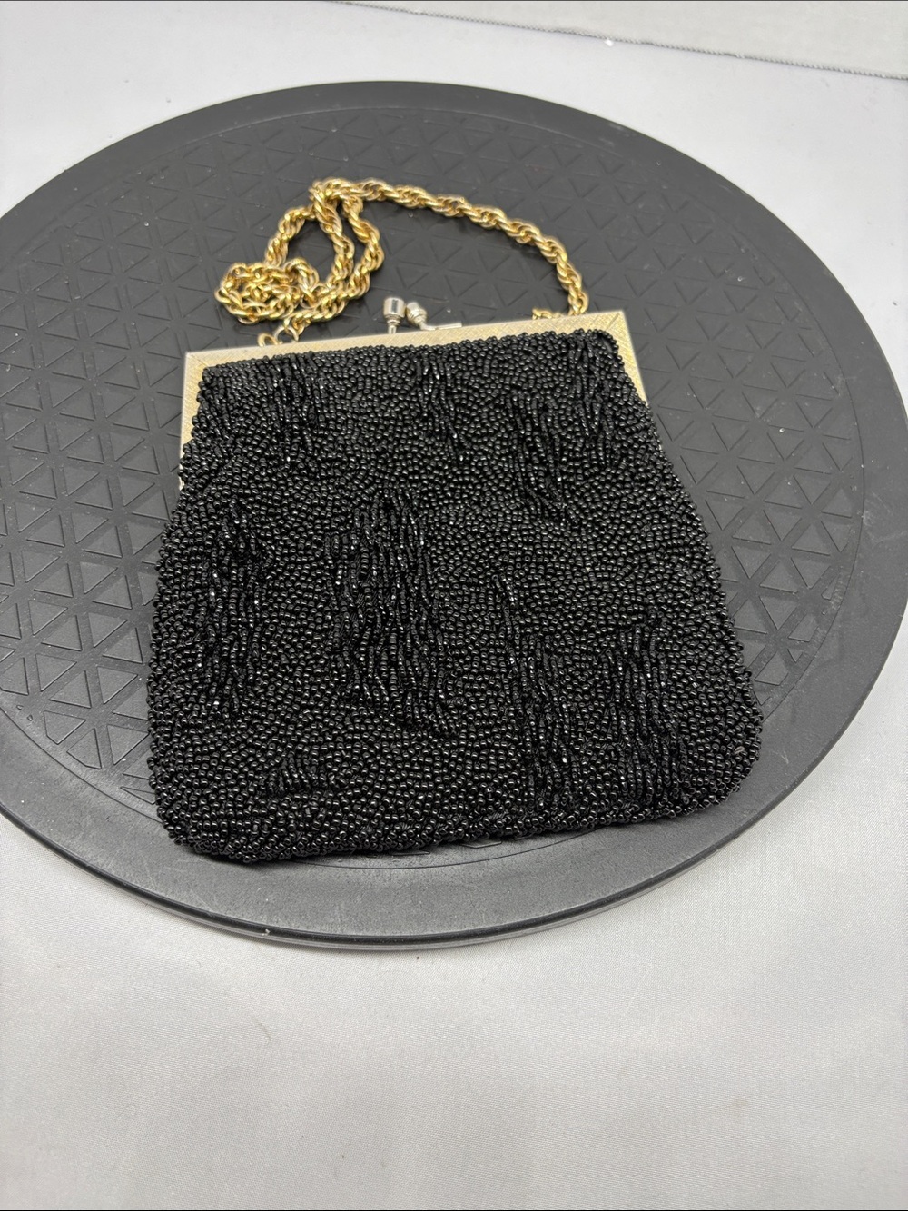 Warborg Elegant Black Beaded Evening Bag with Gold Chain